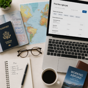 Flat-lay of a passport, world map, and laptop representing job seeker visa document preparation