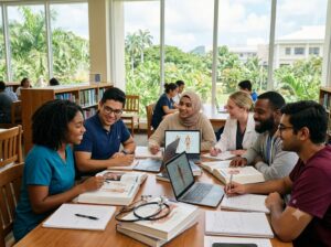 Medical students at a Caribbean medical school studying together on campus